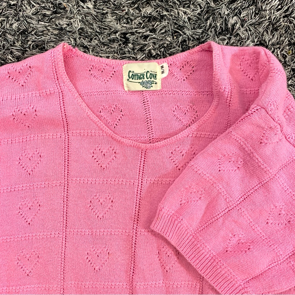 Vintage Heart Knit Top Cottagecore Granny Lightweight Short Sleeve Shirt Pink
